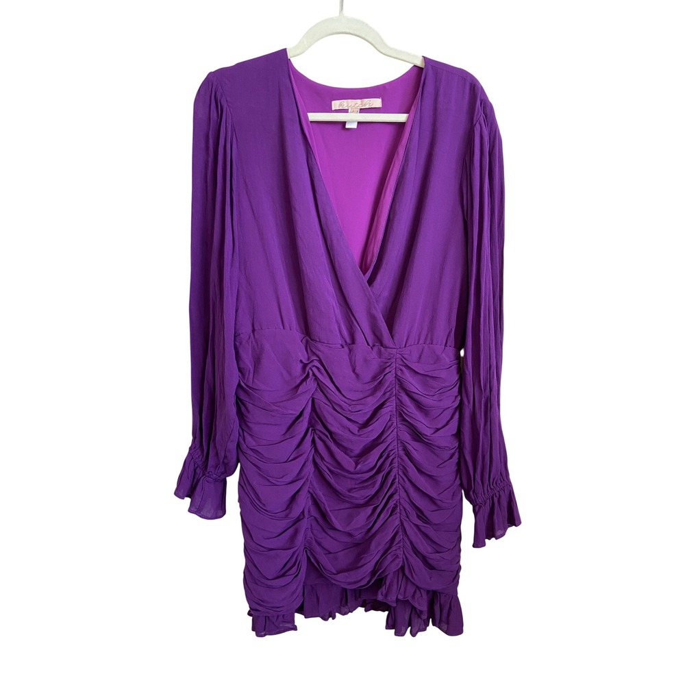 Hutch Purple Ruched V-Neck Ruffle Mini Dress Style Size L
